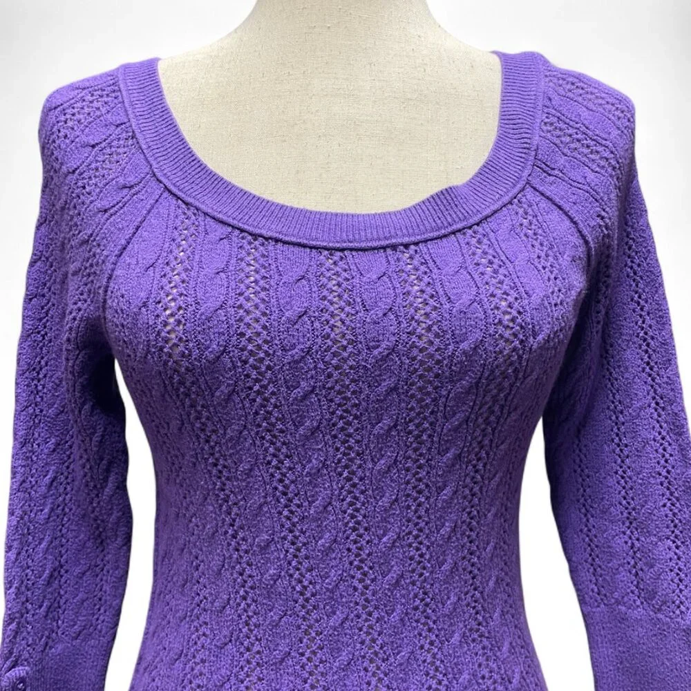 American Eagle Outfitters Y2K Style Purple Cable Knit 3/4 Sleeve Skinny Sweater - Picture 2 of 10